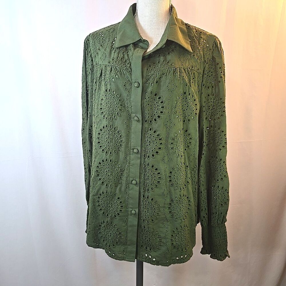 PrettyGarden Eyelet Lace Long Sleeve Button-Up Blouse Women's XXL Olive Lined